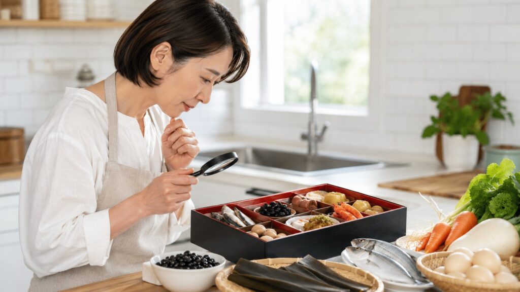 無添加・国産おせちの原材料や使用食材を確認する日本人女性