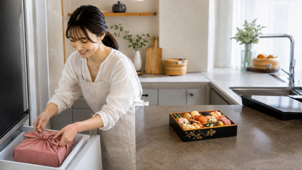 ちこり村の冷凍おせちを冷凍庫で保存する日本人女性