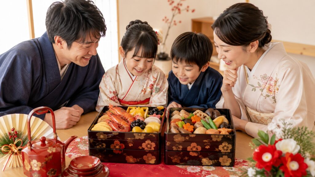 お正月に家族で二段重のおせち料理を囲んで楽しむ様子