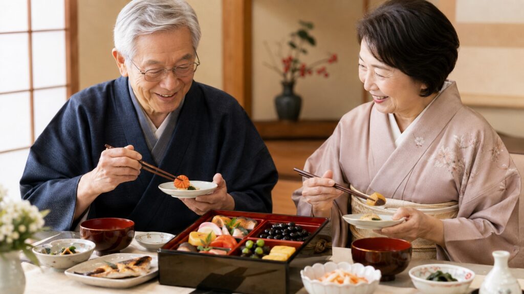 健康を意識しながらおせち料理を楽しむ日本人のシニア夫婦