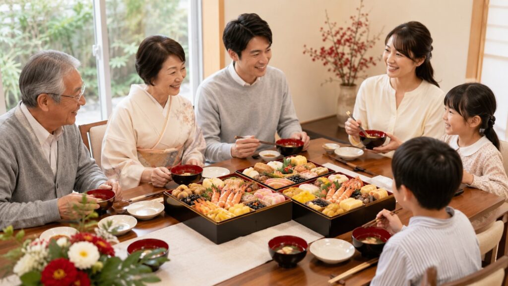 ちこり村の大人数向けおせちを囲んで正月を祝う日本人家族