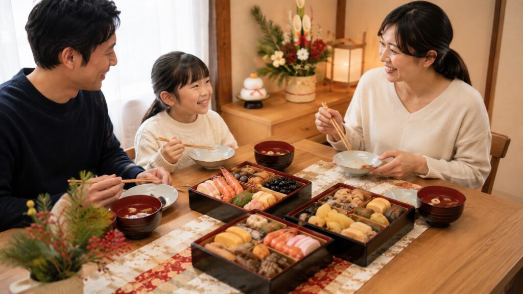 家族4人が正月に三段重の和風おせち料理を囲む様子