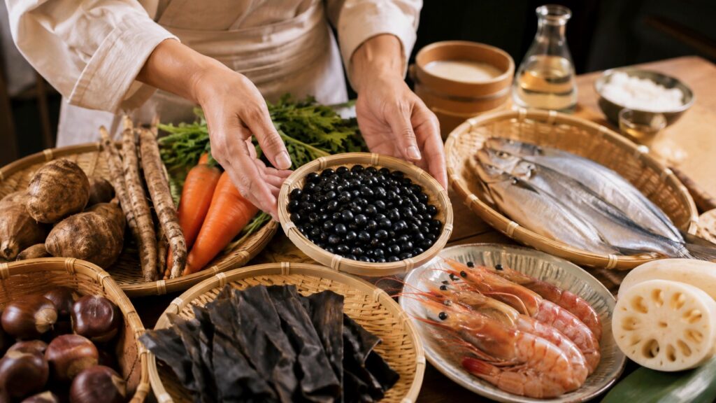 黒豆や根菜、魚介など国産おせちの材料をイメージした食材