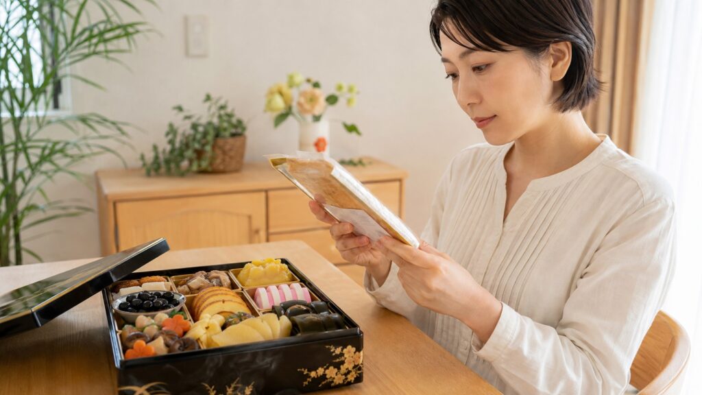 おせち料理の原材料や無添加表示を確認する日本人女性
