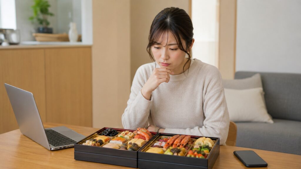 おせち料理を前に口コミや評判を確認して購入を検討する日本人女性