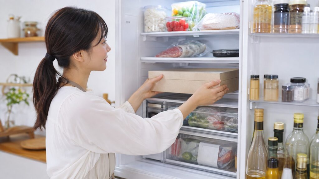 届いた冷蔵おせちを冷蔵庫に保存する日本人女性