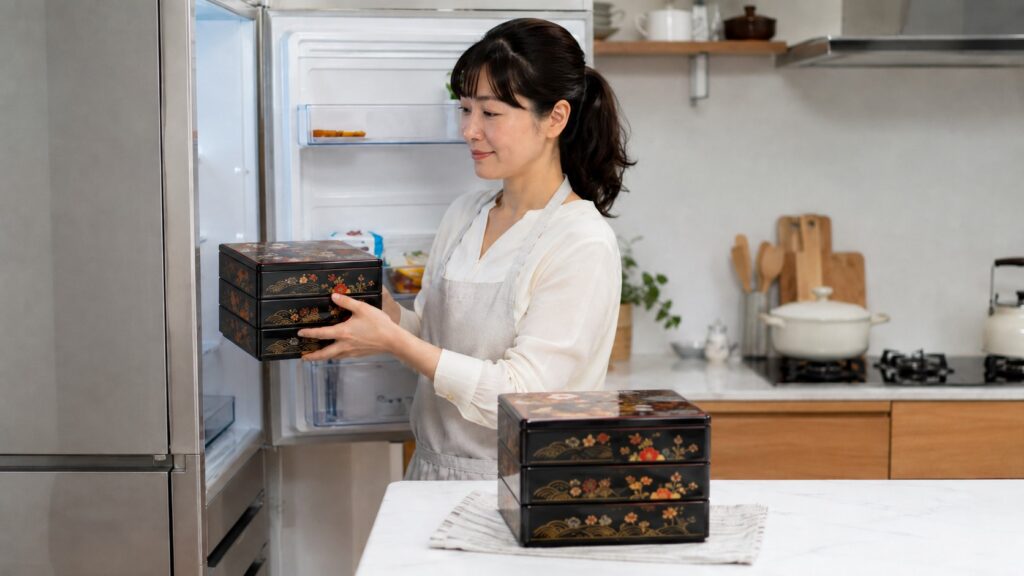 おせち料理の重箱を冷蔵庫で保存する日本人女性