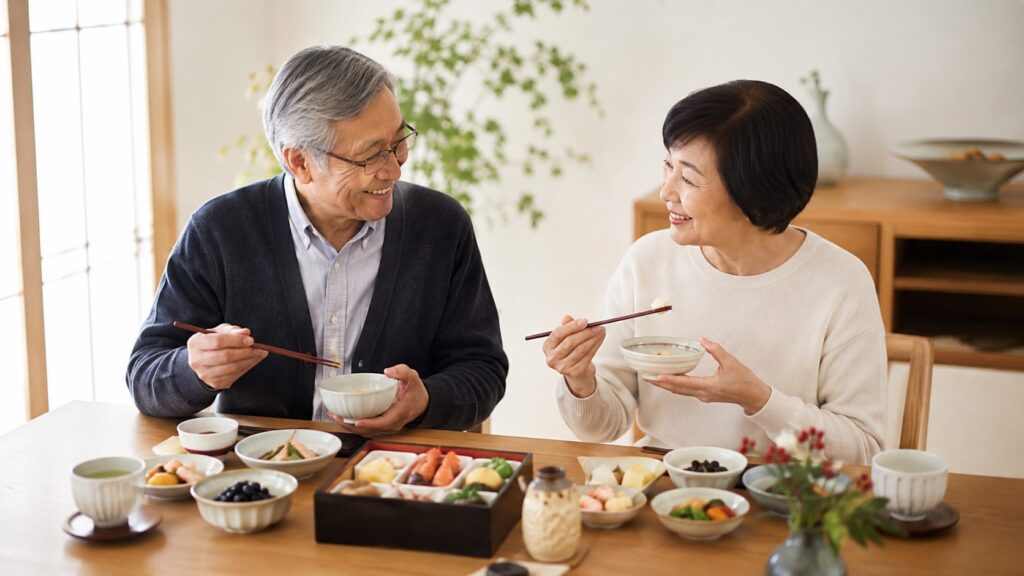 明るい和風のダイニングで、日本人のシニア夫婦が笑顔でおせち料理を囲み、箸で料理を楽しんでいる画像です。少人数家庭や健康を意識しながらお正月の食事を楽しむ場面を表現しています。
